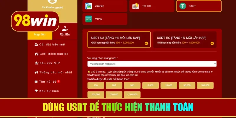 Dùng USDT để thực hiện thanh toán